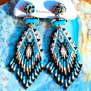 NWT Deepa Gurnani Turquoise Beaded Fringe Chandeliers